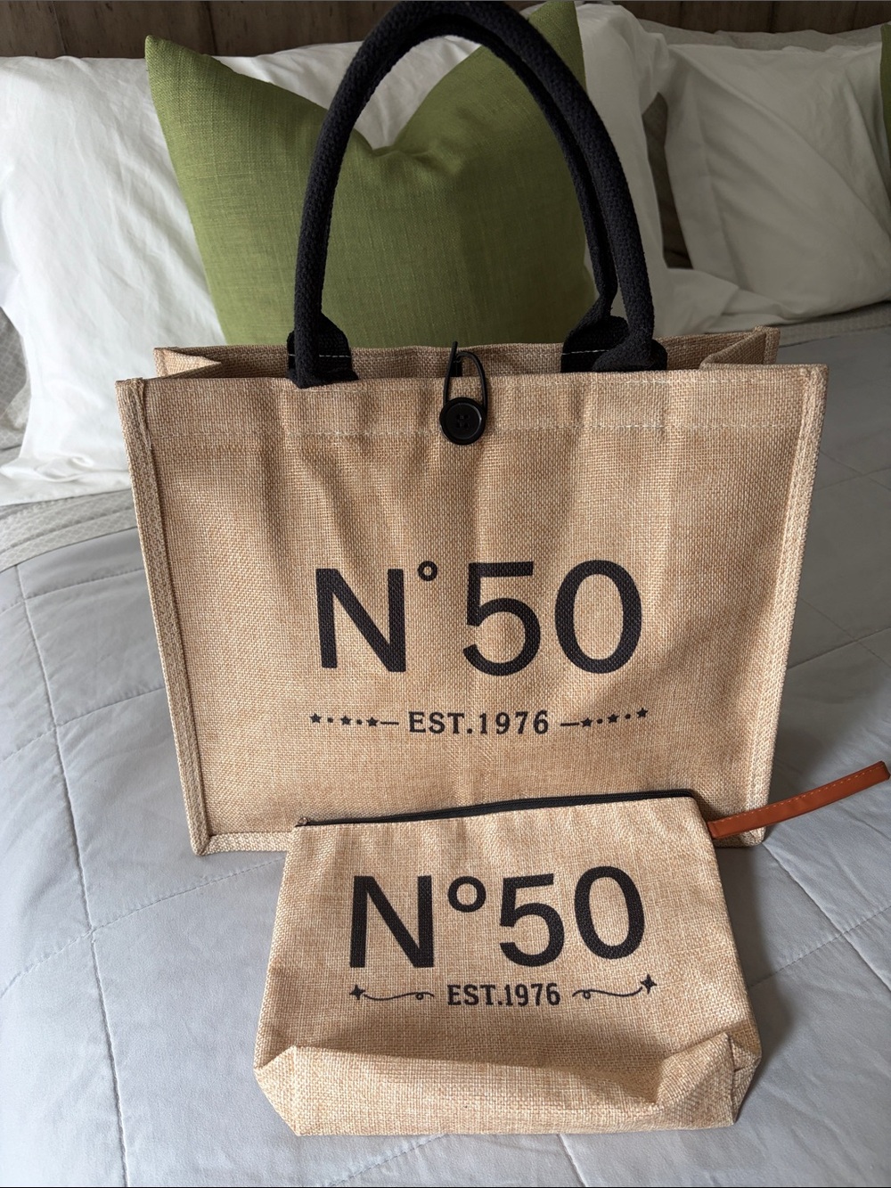 Beige Jute Tote Bag with Matching Pouch